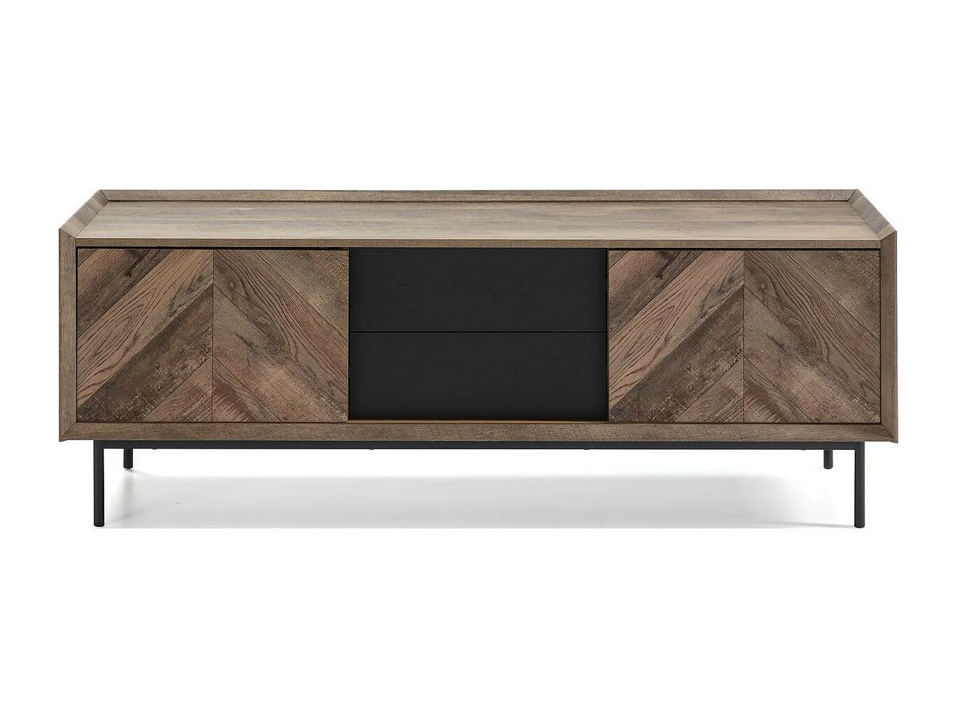 Meuble TV 2 portes 2 tiroirs effet chêne à chevrons / noir 147 cm - Mario