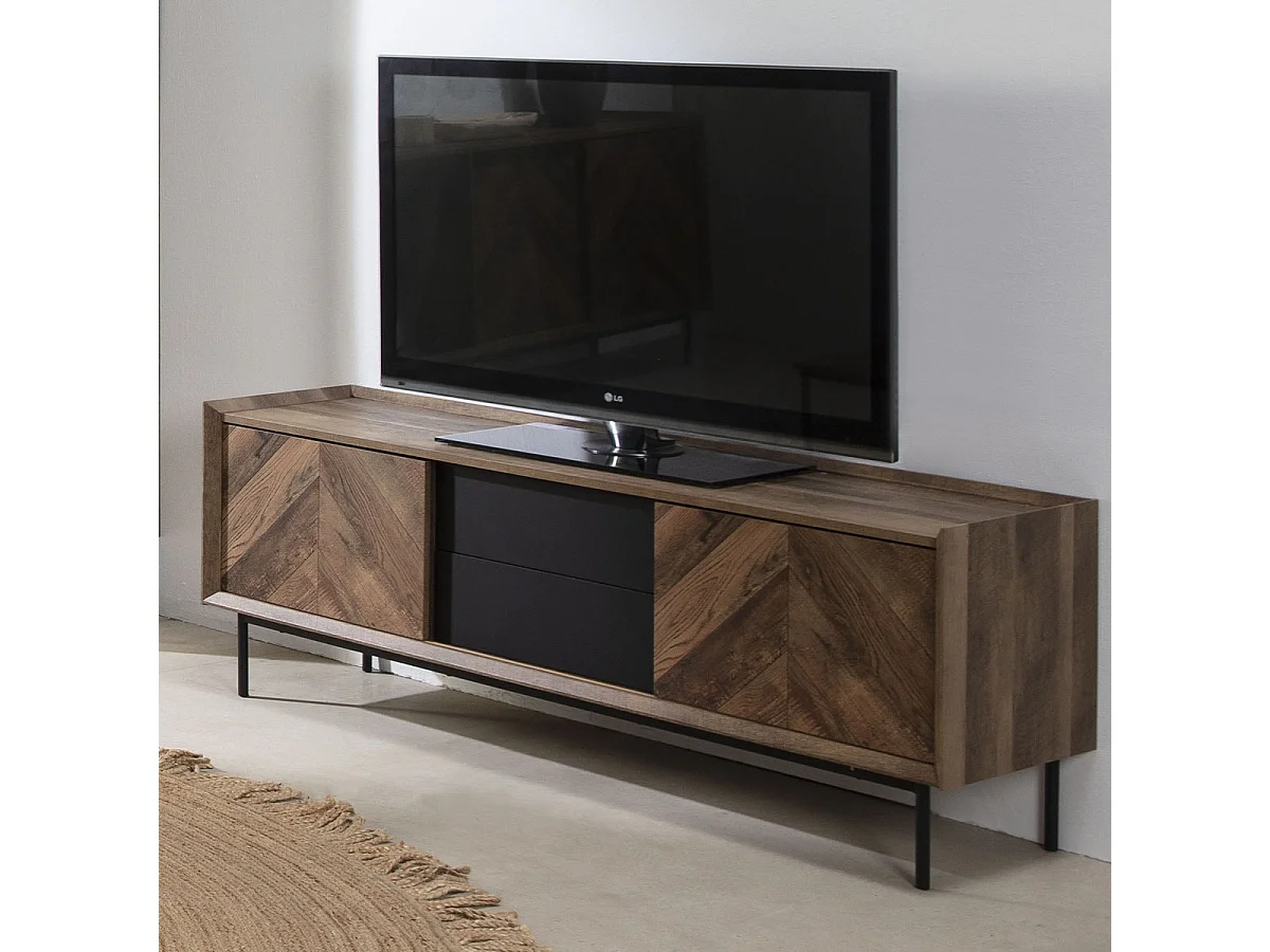 Meuble TV 2 portes 2 tiroirs effet chêne à chevrons / noir 147 cm - Mario