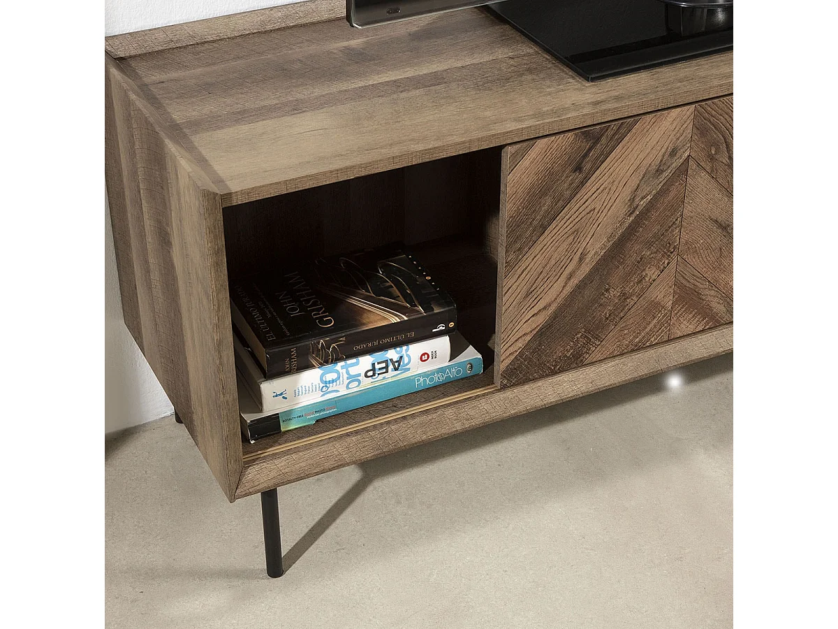 Meuble TV 2 portes 2 tiroirs effet chêne à chevrons / noir 147 cm - Mario