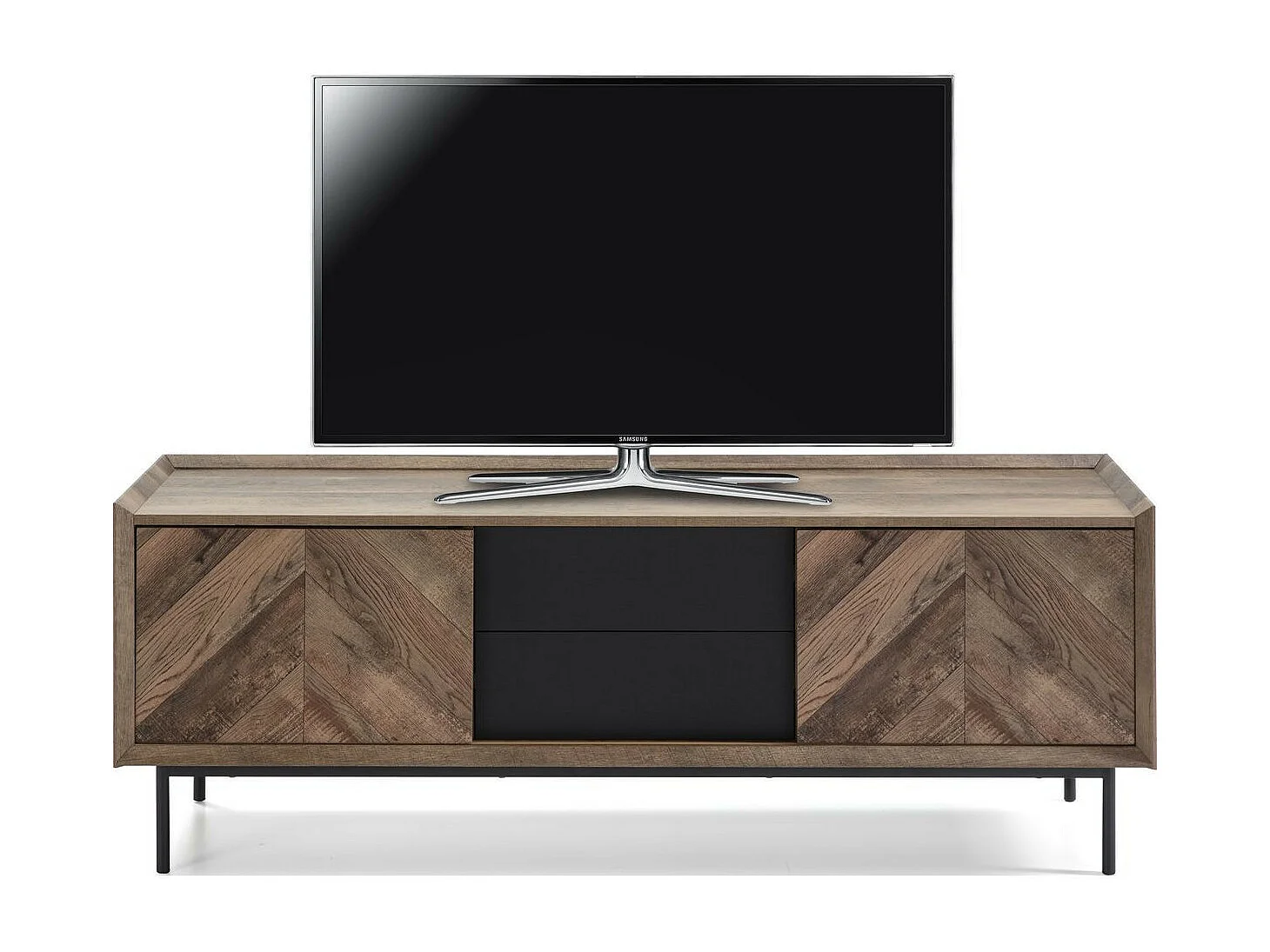 Meuble TV 2 portes 2 tiroirs effet chêne à chevrons / noir 147 cm - Mario