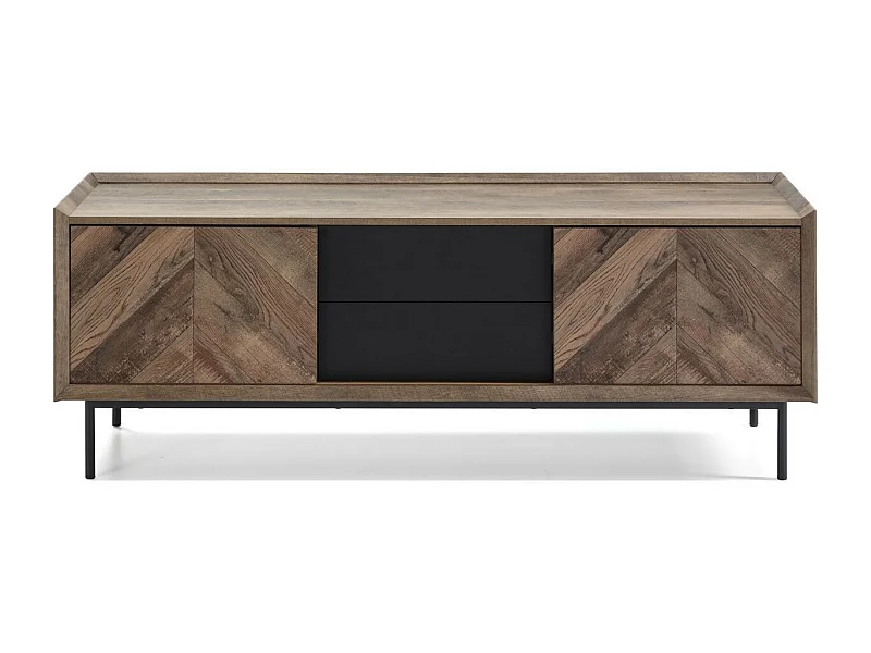 Meuble TV 2 portes 2 tiroirs effet chêne à chevrons / noir 147 cm - Mario