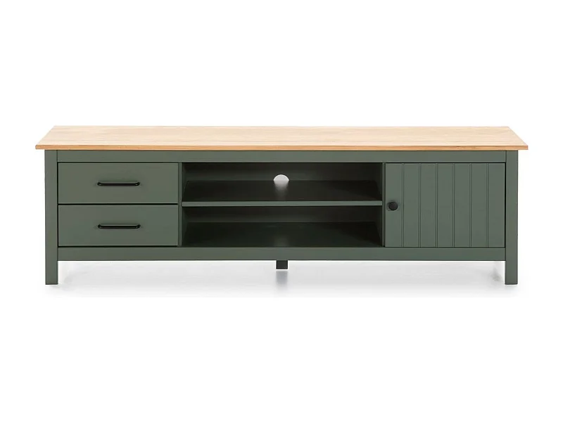 Meuble TV 1 porte 2 tiroirs en bois massif vert L158xH47 cm - Ida
