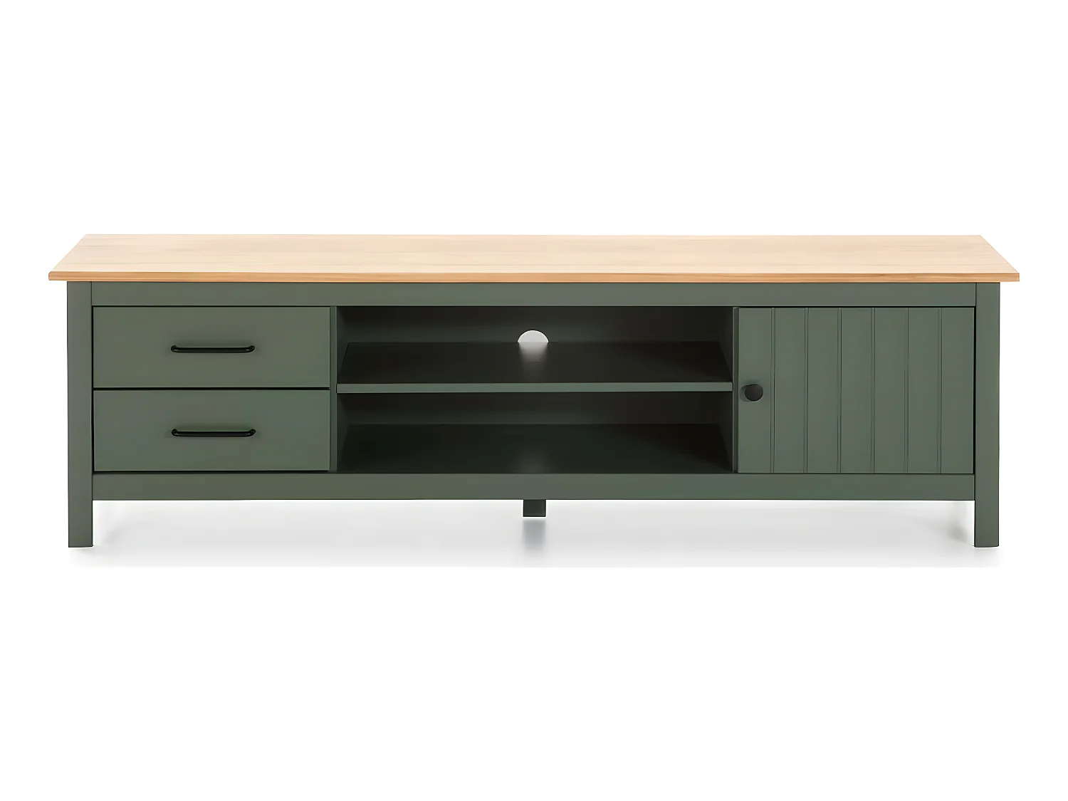 Meuble TV 1 porte 2 tiroirs en bois massif vert L158xH47 cm - Ida
