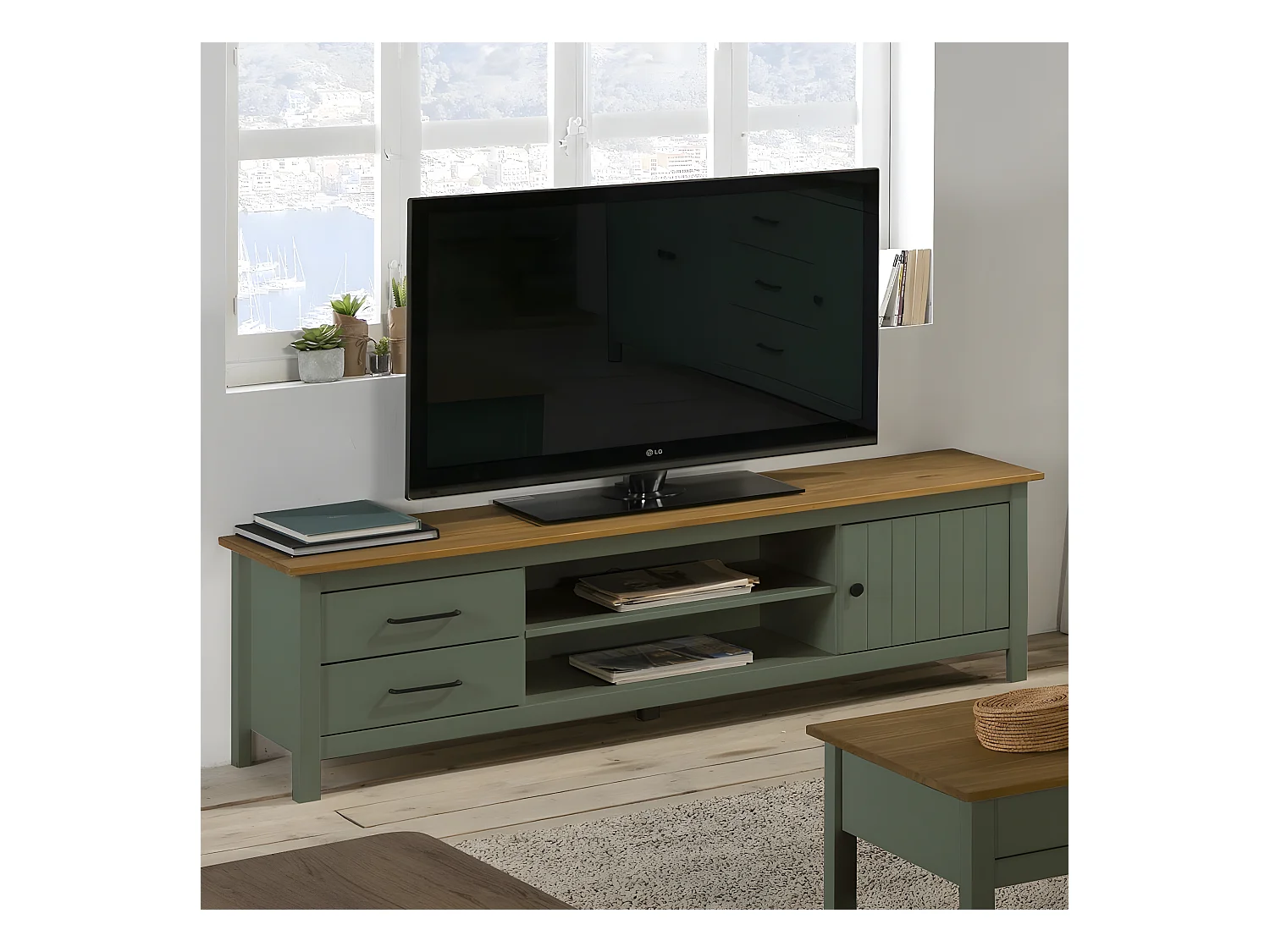 Meuble TV 1 porte 2 tiroirs en bois massif vert L158xH47 cm - Ida