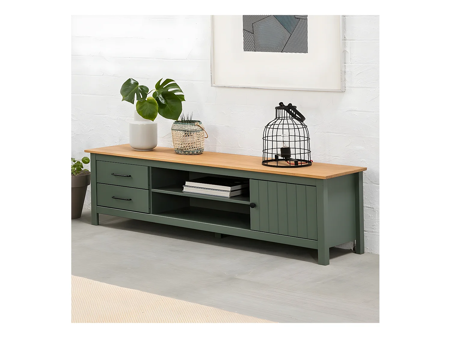 Meuble TV 1 porte 2 tiroirs en bois massif vert L158xH47 cm - Ida