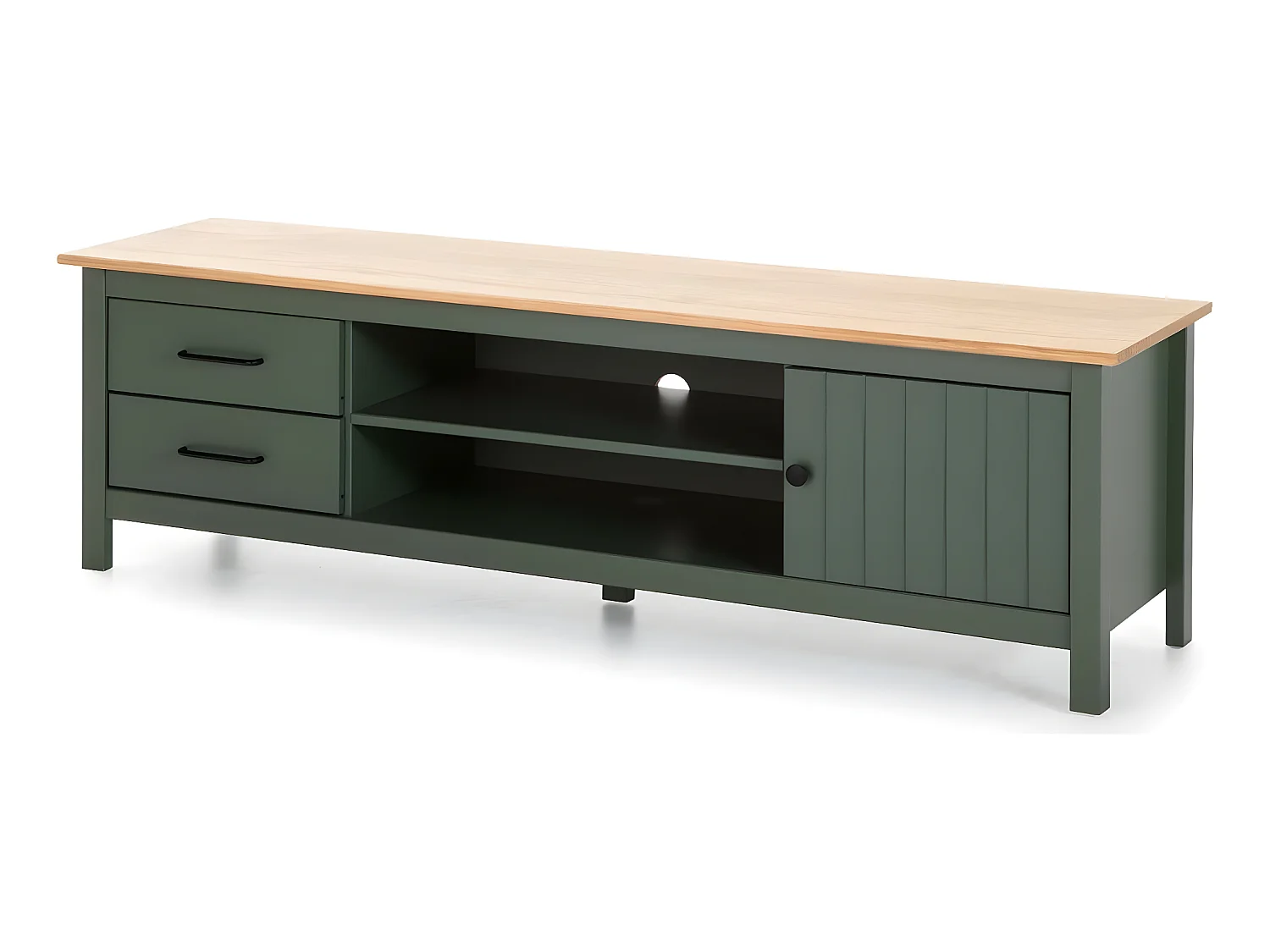 Meuble TV 1 porte 2 tiroirs en bois massif vert L158xH47 cm - Ida