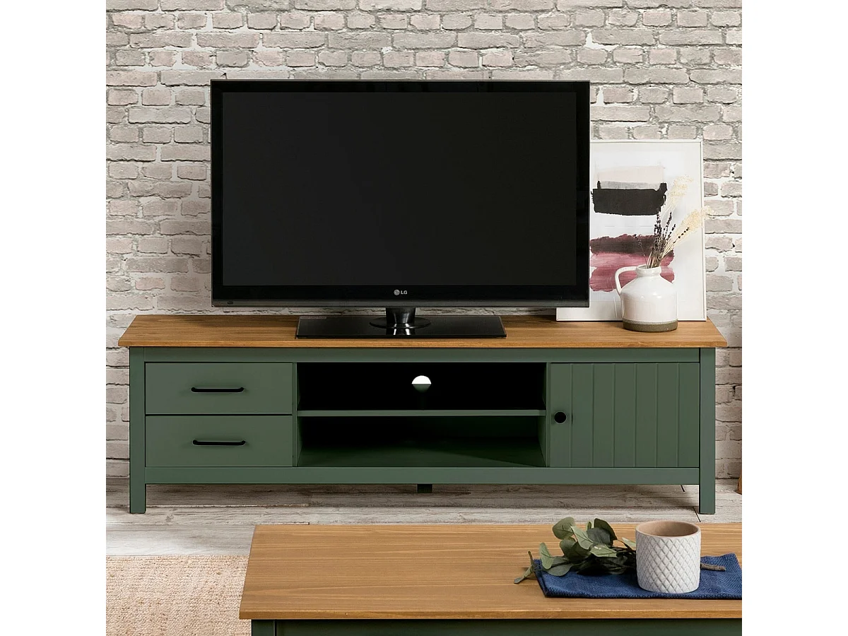 Meuble TV 1 porte 2 tiroirs en bois massif vert L158xH47 cm - Ida