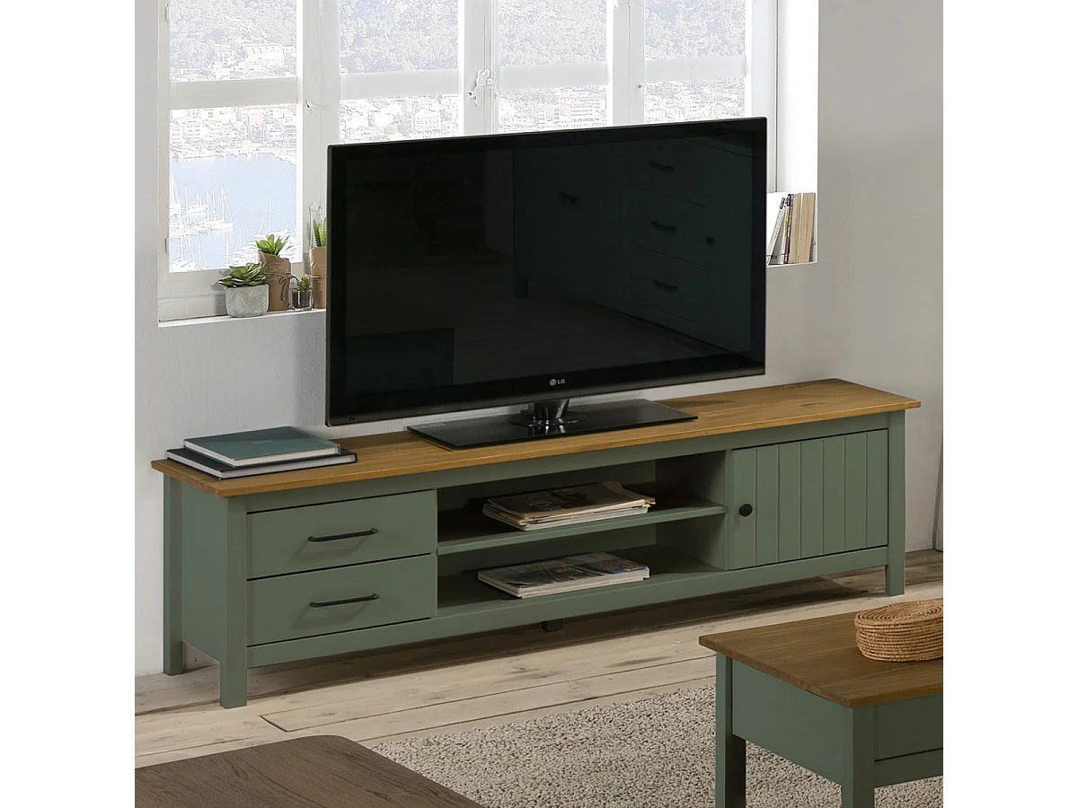 Meuble TV 1 porte 2 tiroirs en bois massif vert L158xH47 cm - Ida