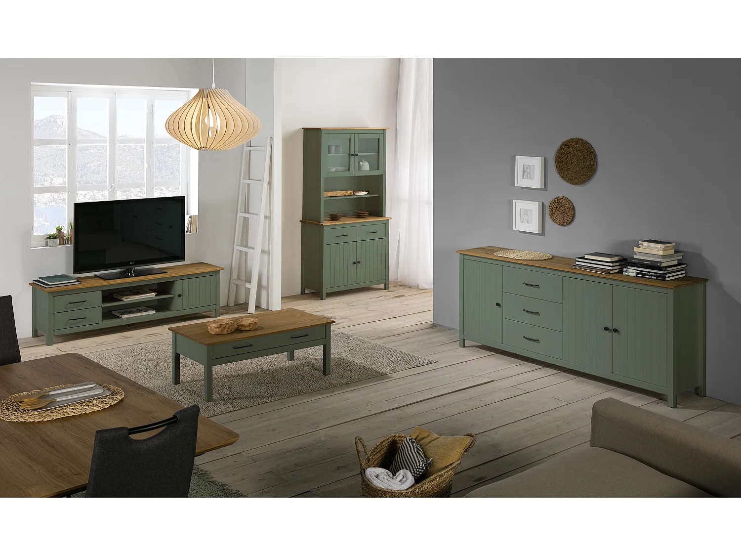 Meuble TV 1 porte 2 tiroirs en bois massif vert L158xH47 cm - Ida