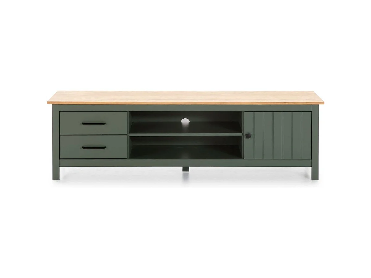 Meuble TV 1 porte 2 tiroirs en bois massif vert L158xH47 cm - Ida