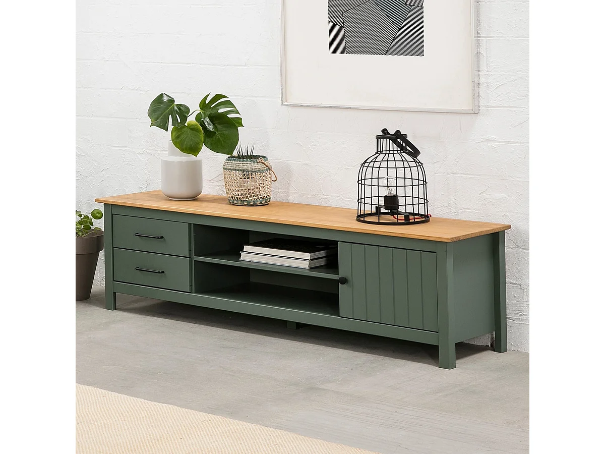Meuble TV 1 porte 2 tiroirs en bois massif vert L158xH47 cm - Ida