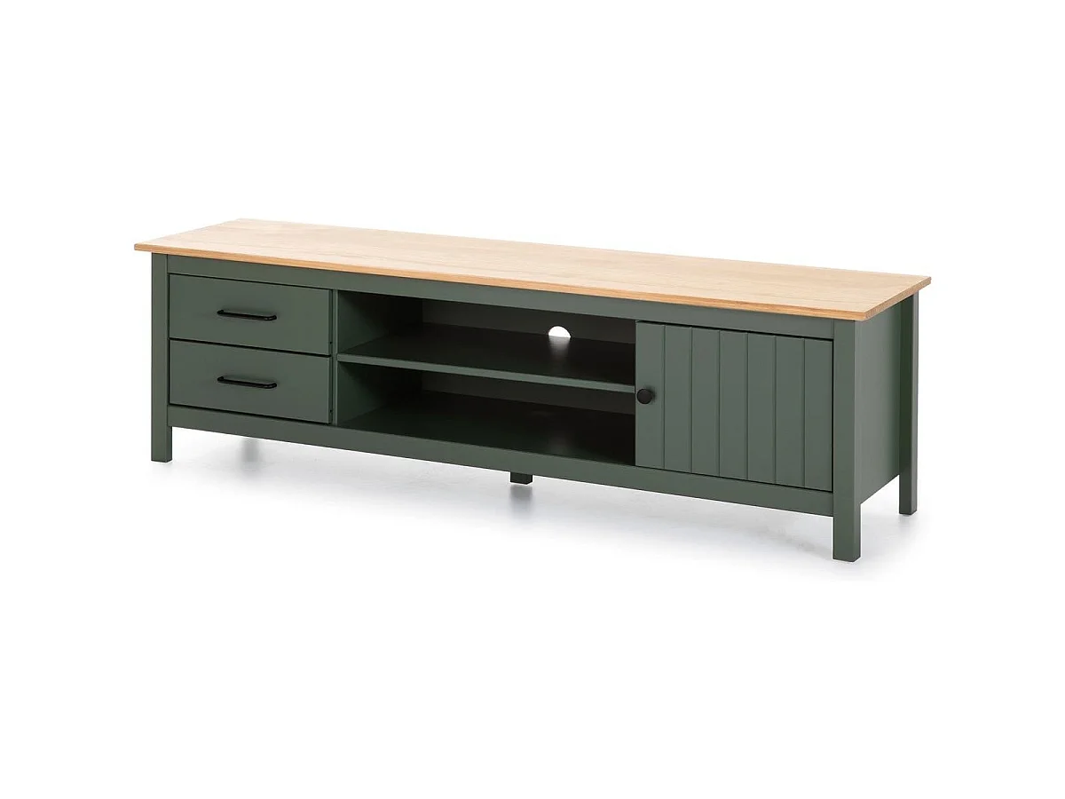 Meuble TV 1 porte 2 tiroirs en bois massif vert L158xH47 cm - Ida