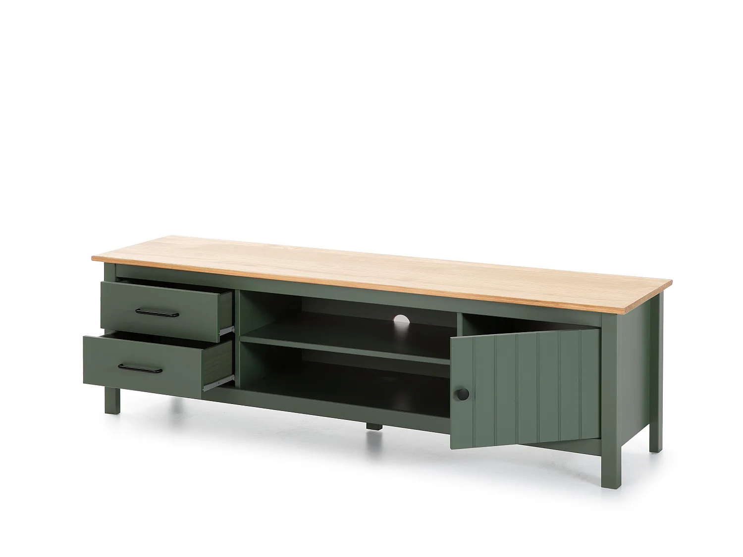 Meuble TV 1 porte 2 tiroirs en bois massif vert L158xH47 cm - Ida