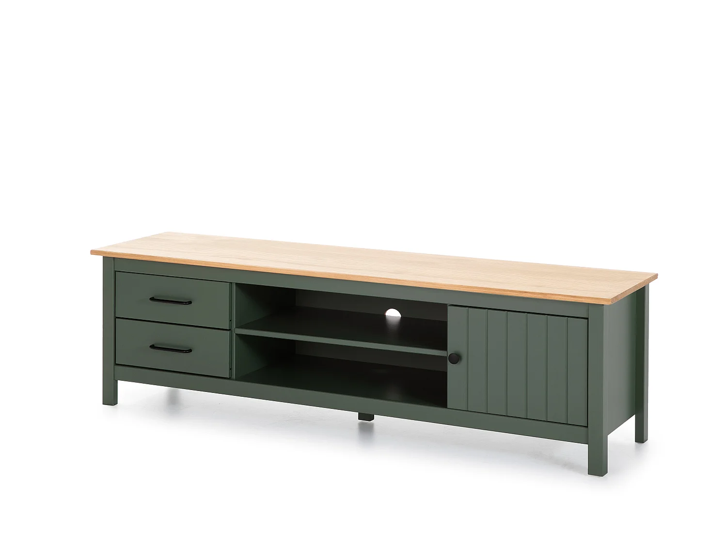 Meuble TV 1 porte 2 tiroirs en bois massif vert L158xH47 cm - Ida