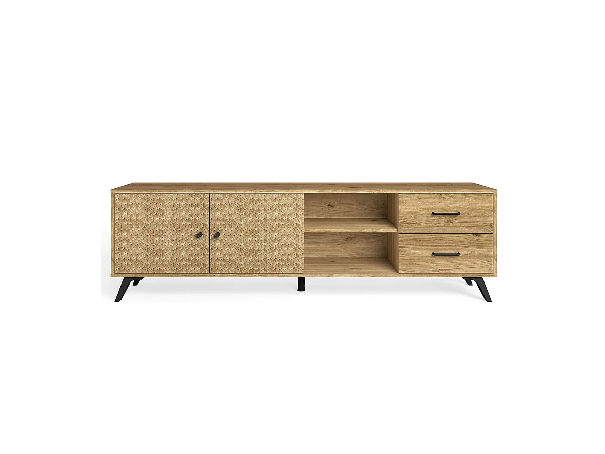 Meuble TV 2 portes 2 tiroirs effet chêne naturel / motifs cubiques 180 cm - Liam