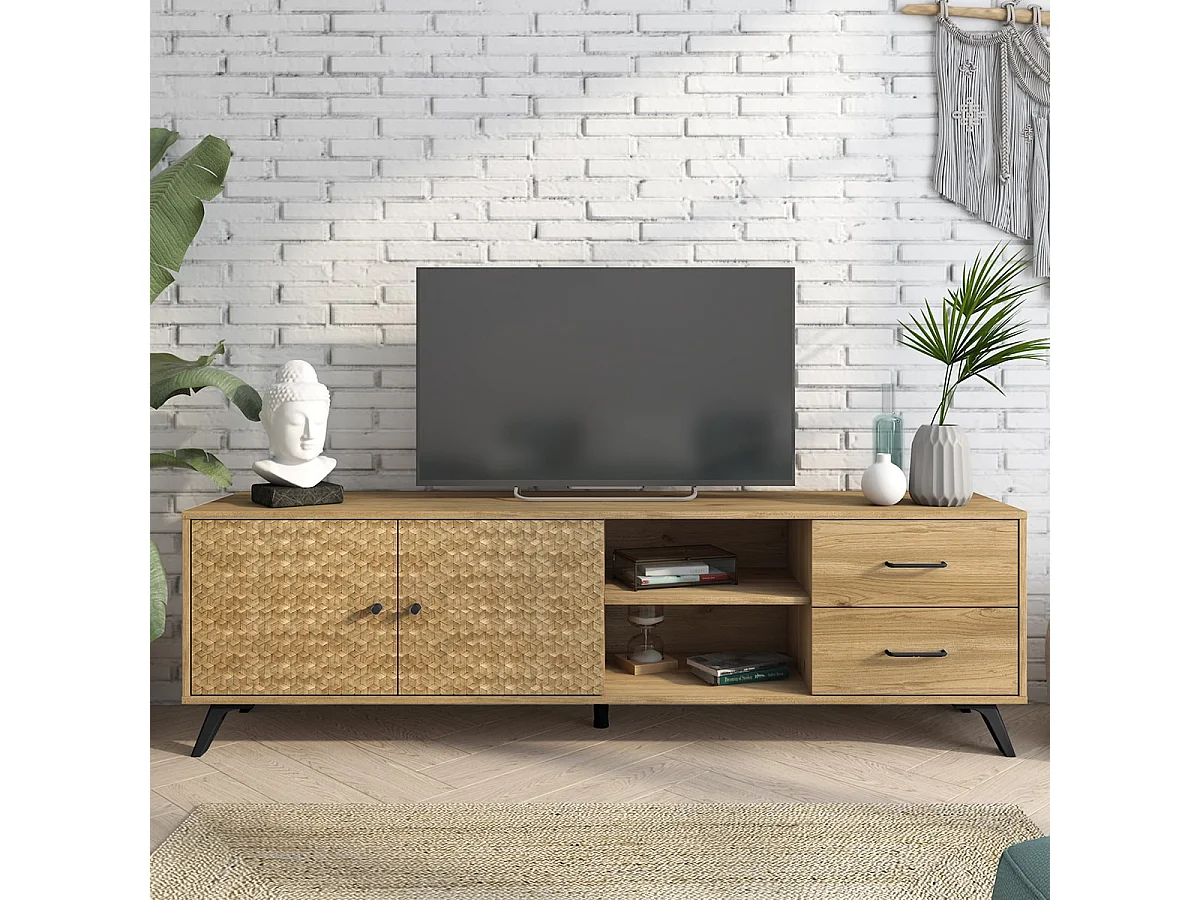 Meuble TV 2 portes 2 tiroirs effet chêne naturel / motifs cubiques 180 cm - Liam