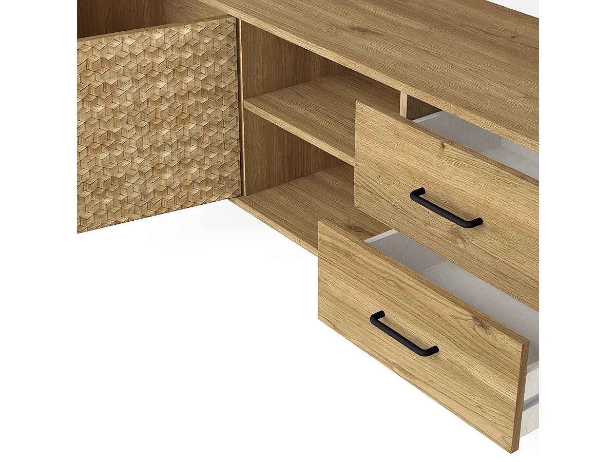 Meuble TV 2 portes 2 tiroirs effet chêne naturel / motifs cubiques 180 cm - Liam