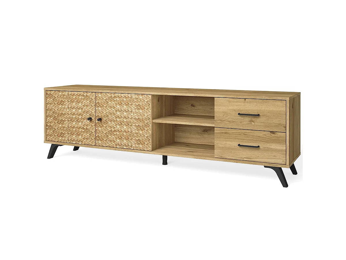 Meuble TV 2 portes 2 tiroirs effet chêne naturel / motifs cubiques 180 cm - Liam