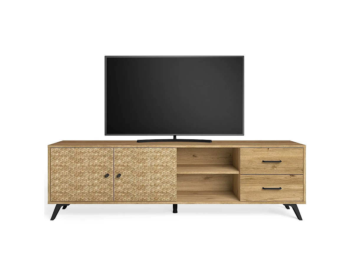 Meuble TV 2 portes 2 tiroirs effet chêne naturel / motifs cubiques 180 cm - Liam