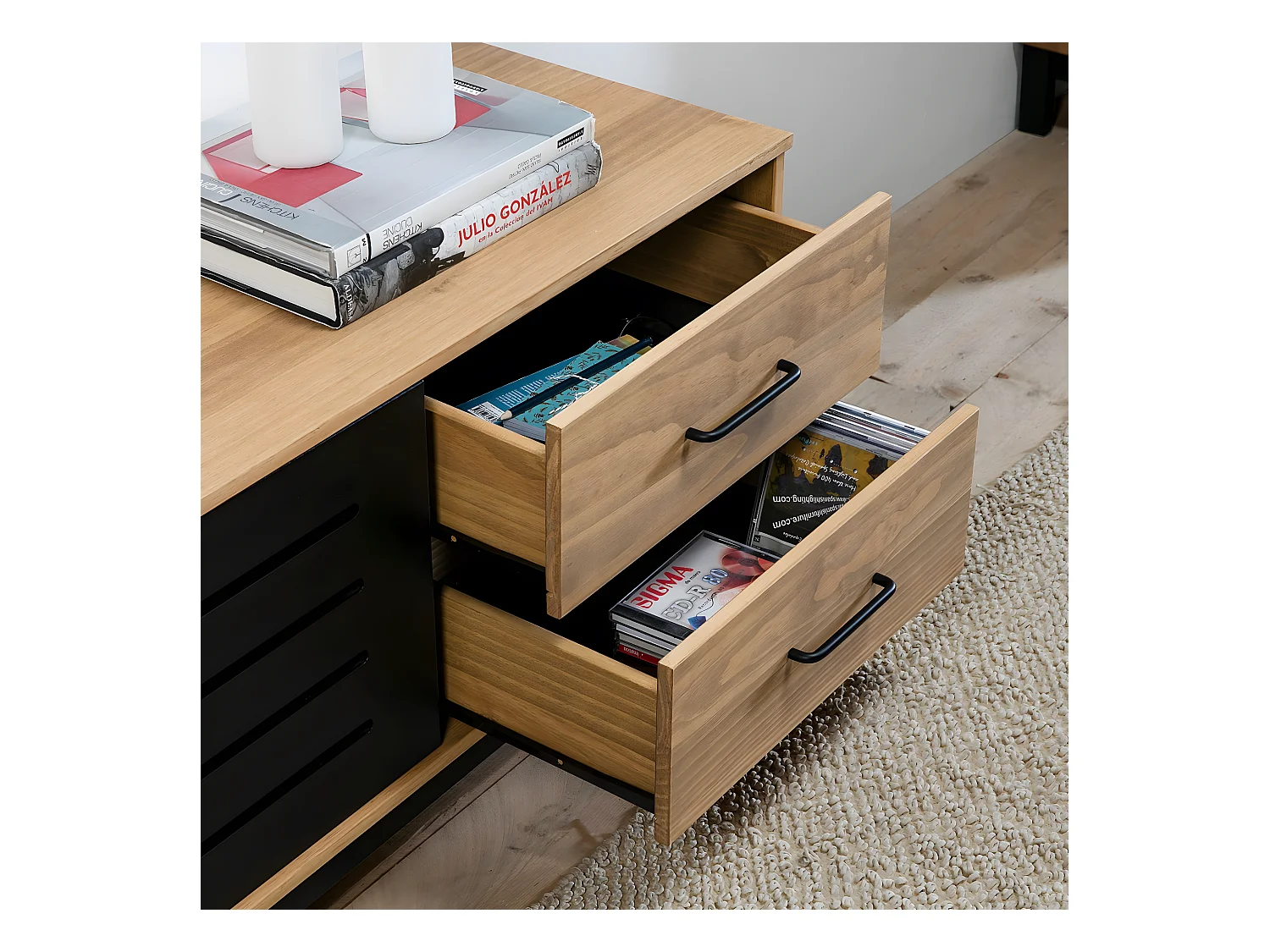 Meuble TV 2 portes 2 tiroirs effet bois / noir 141 cm - Rosa