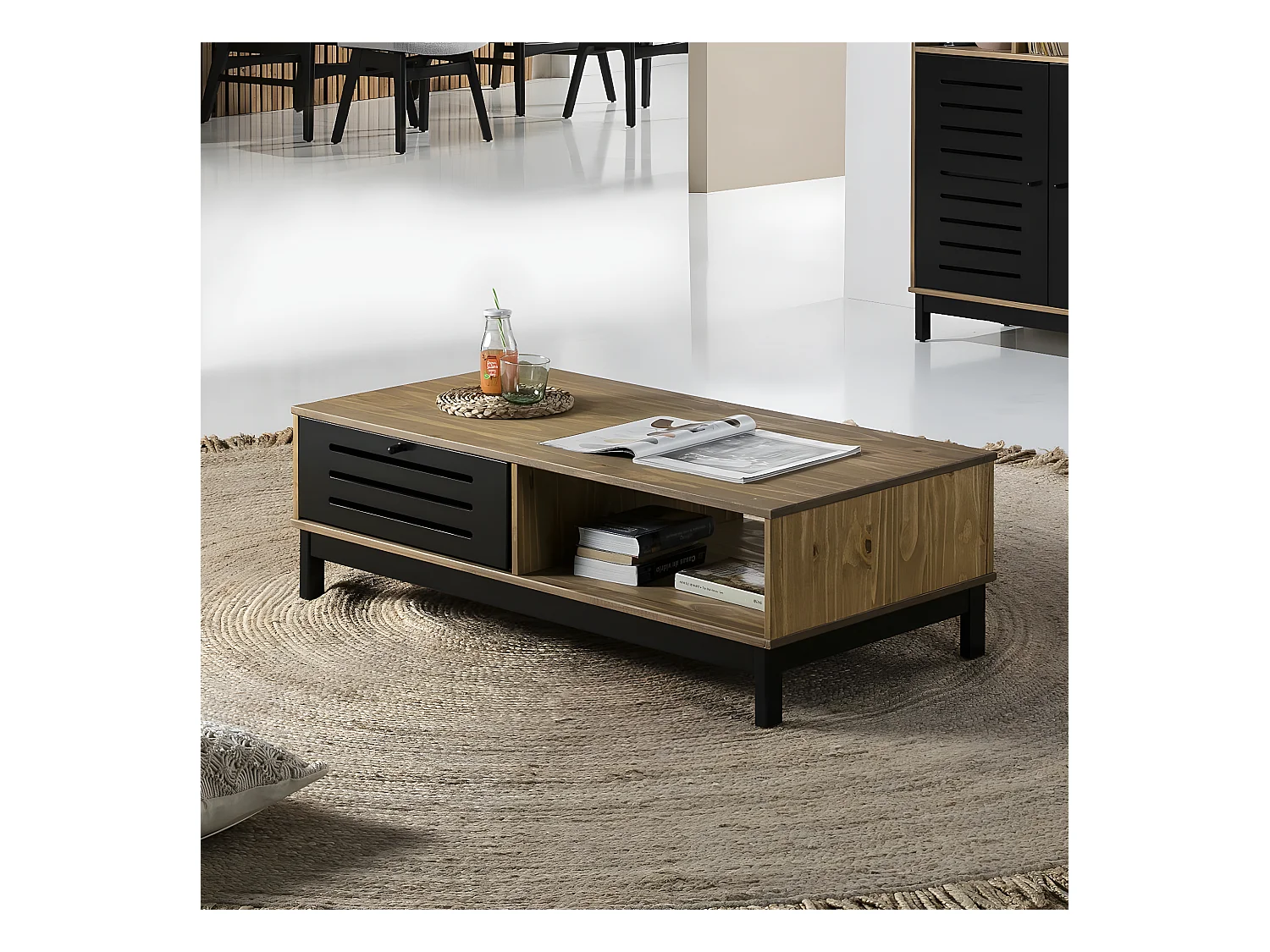 Meuble TV 2 portes 2 tiroirs effet bois / noir 141 cm - Rosa