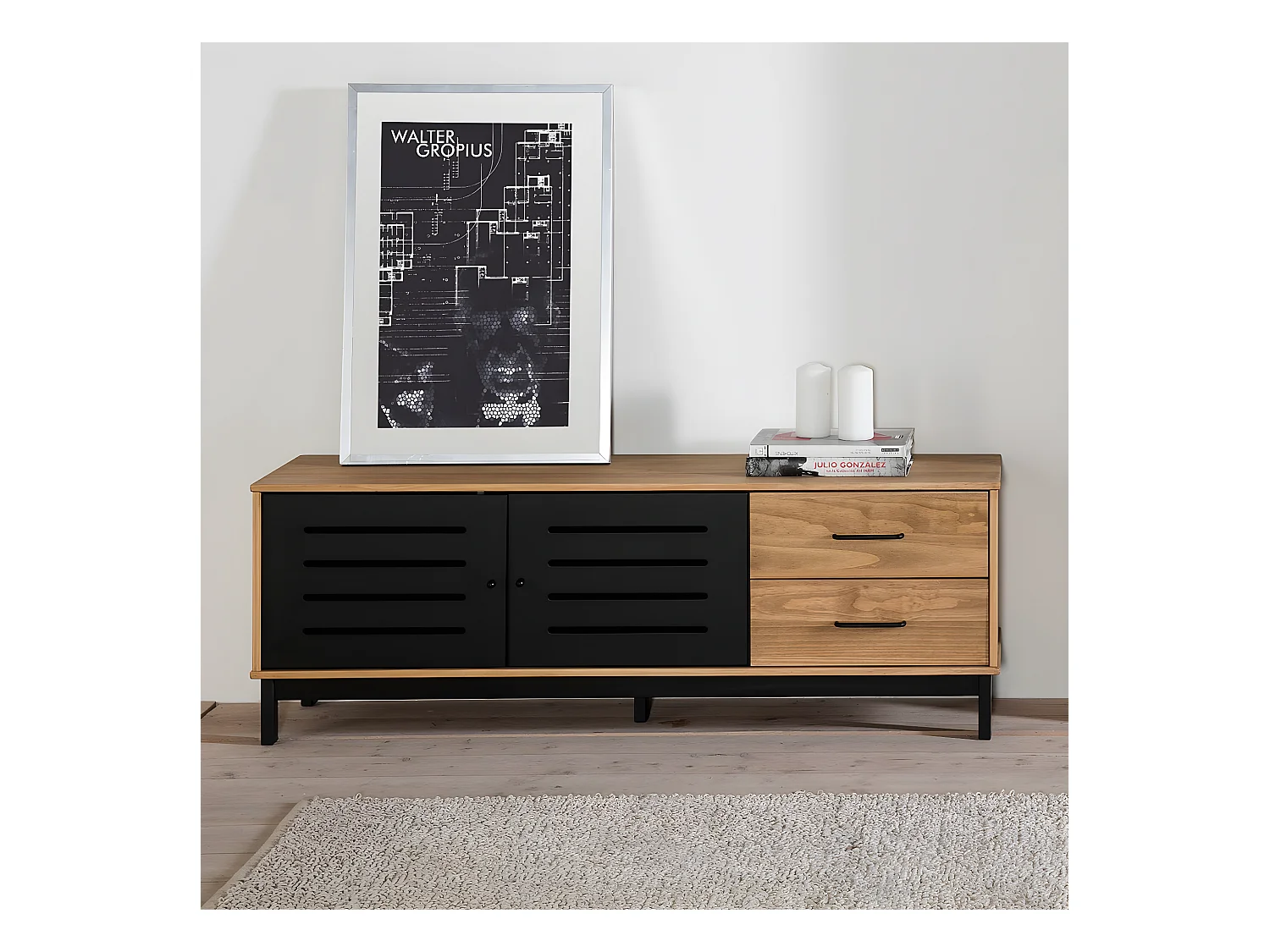 Meuble TV 2 portes 2 tiroirs effet bois / noir 141 cm - Rosa