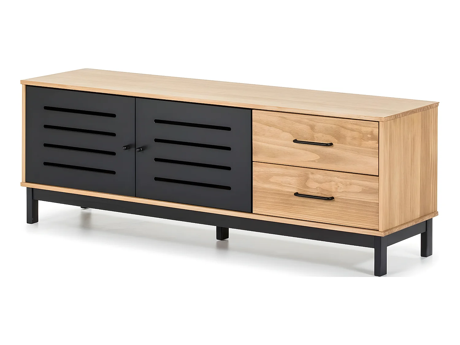 Meuble TV 2 portes 2 tiroirs effet bois / noir 141 cm - Rosa