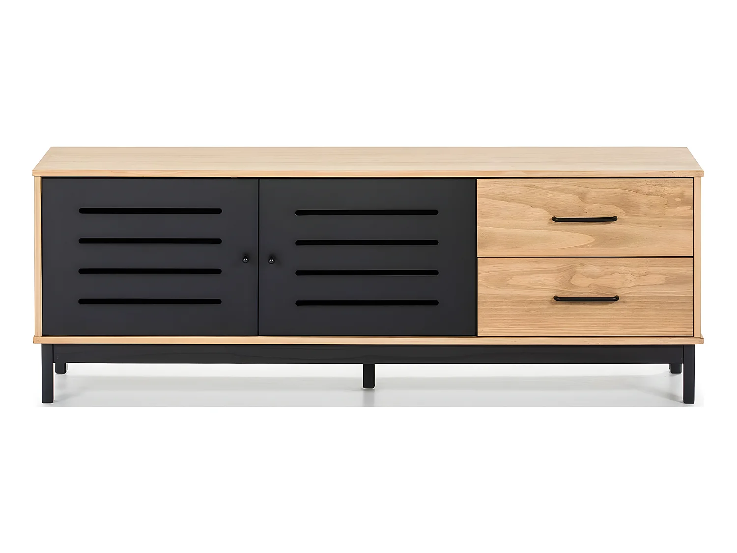 Meuble TV 2 portes 2 tiroirs effet bois / noir 141 cm - Rosa