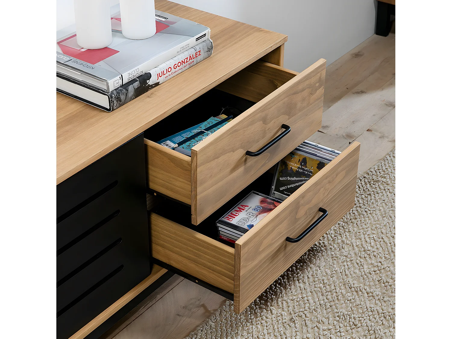 Meuble TV 2 portes 2 tiroirs effet bois / noir 141 cm - Rosa