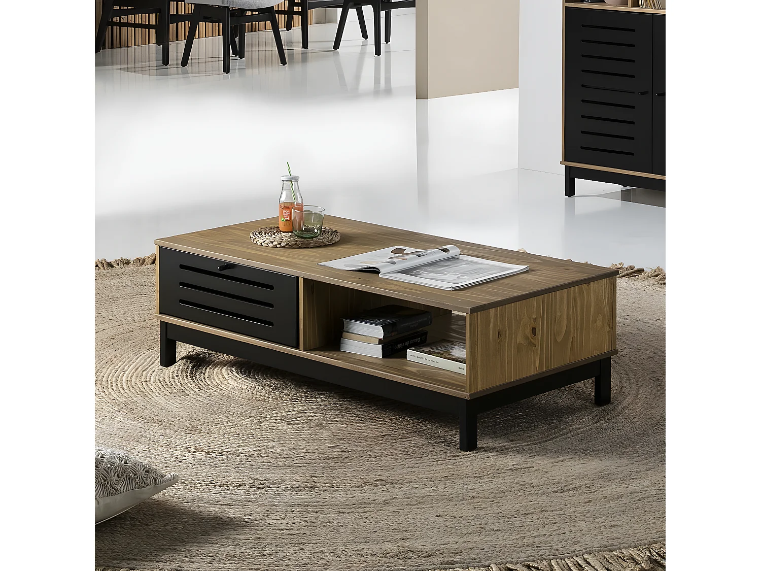 Meuble TV 2 portes 2 tiroirs effet bois / noir 141 cm - Rosa