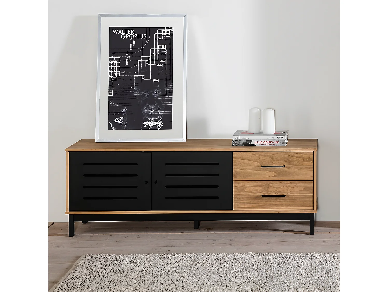 Meuble TV 2 portes 2 tiroirs effet bois / noir 141 cm - Rosa