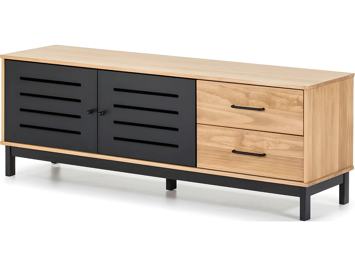 Meuble TV 2 portes 2 tiroirs effet bois / noir 141 cm - Rosa