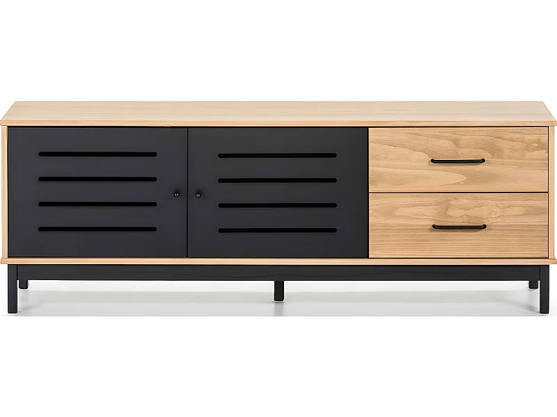 Meuble TV 2 portes 2 tiroirs effet bois / noir 141 cm - Rosa