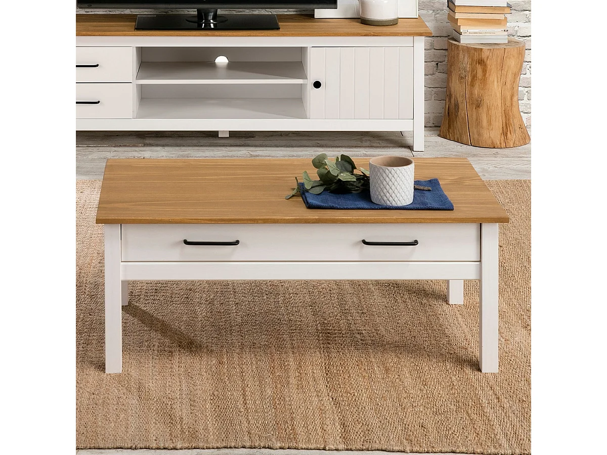 Table basse 1 tiroir en pin massif / blanc 100 cm - Ida