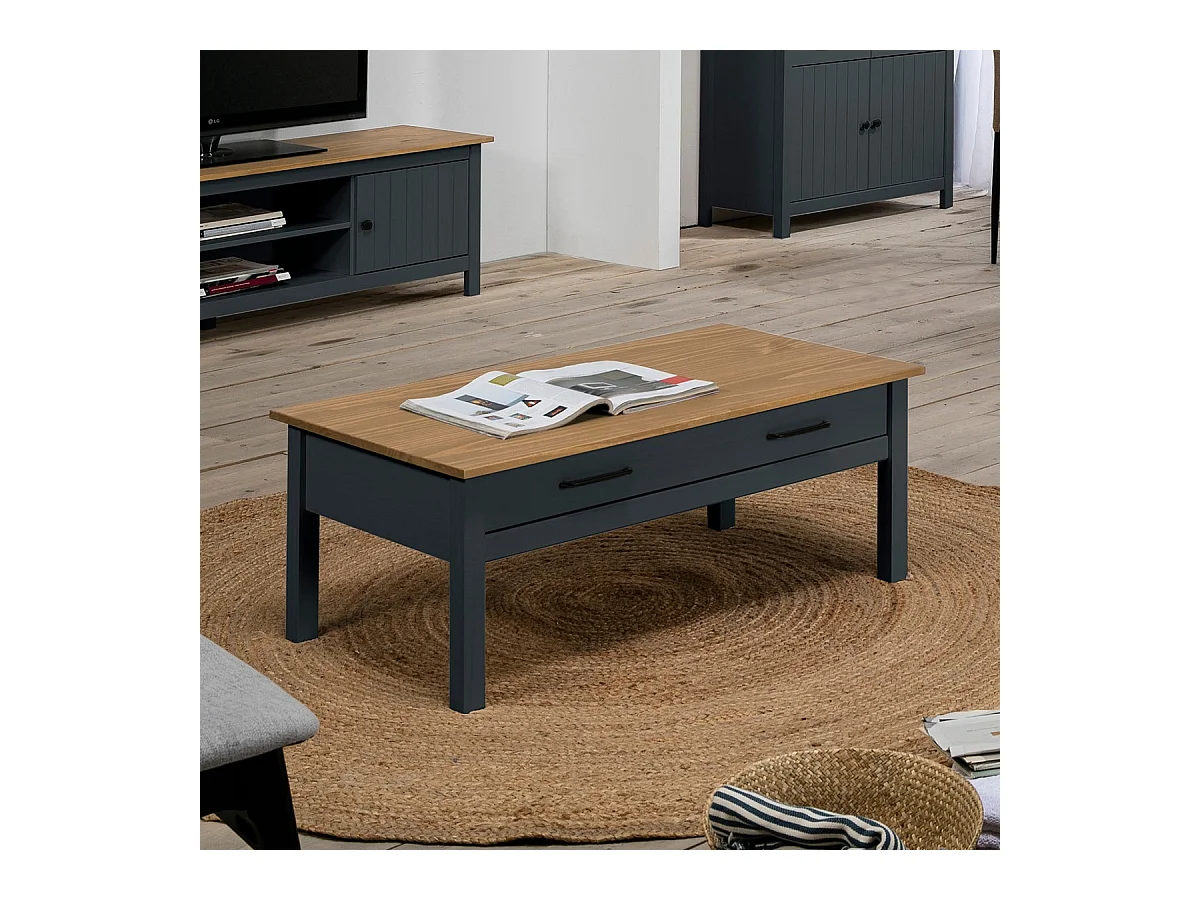 Table basse 1 tiroir en pin massif / bleu 100 cm - Ida