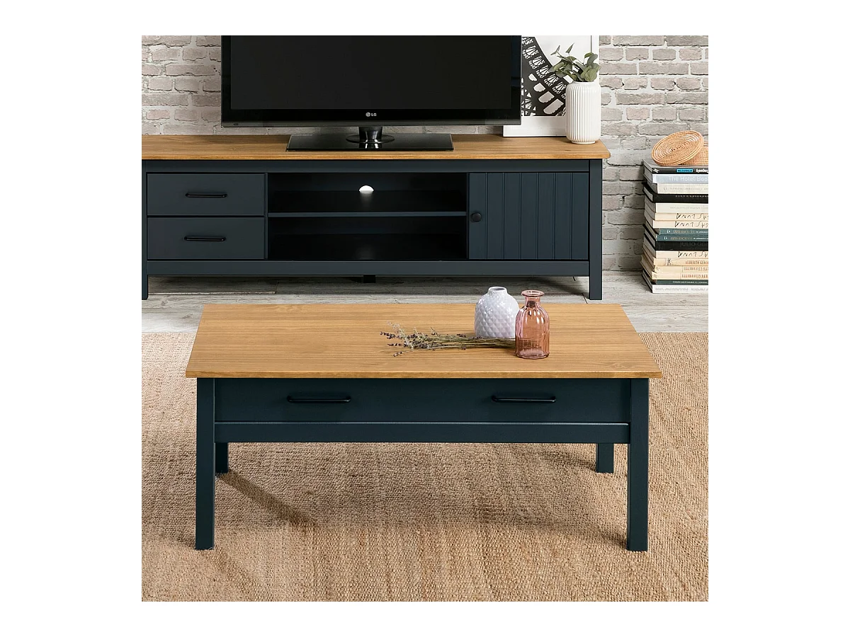 Table basse 1 tiroir en pin massif / bleu 100 cm - Ida