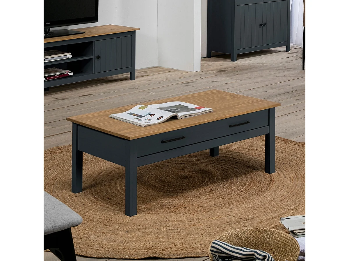 Table basse 1 tiroir en pin massif / bleu 100 cm - Ida