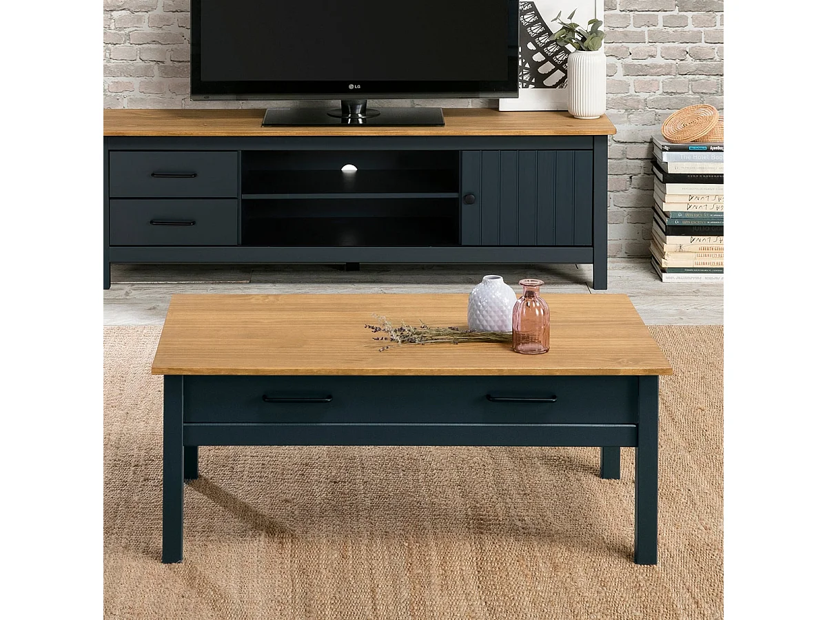 Table basse 1 tiroir en pin massif / bleu 100 cm - Ida