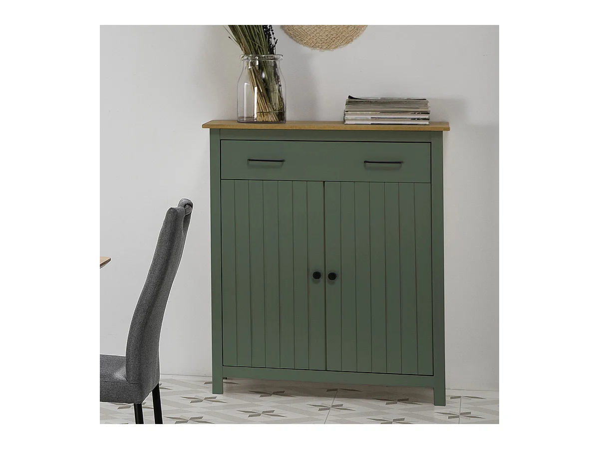 Buffet 2 portes 1 tiroir en bois massif vert L90xH110 cm - Ida