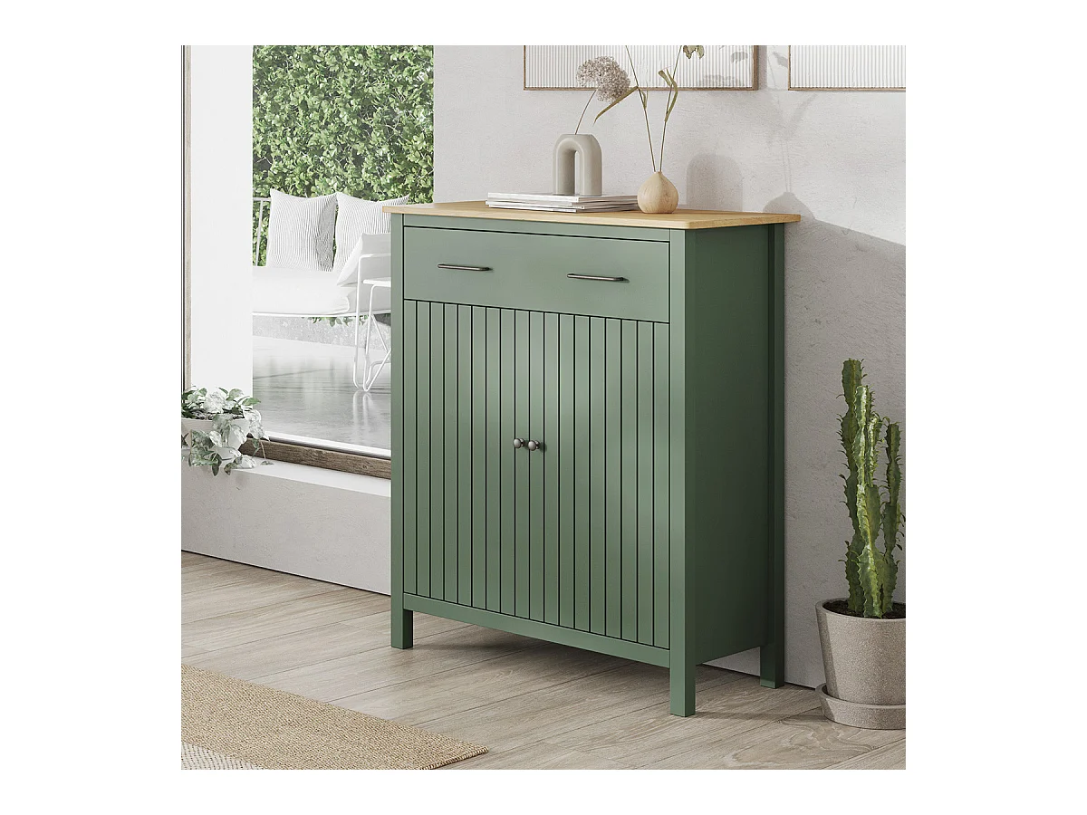 Buffet 2 portes 1 tiroir en bois massif vert L90xH110 cm - Ida