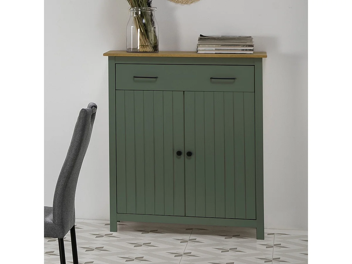 Buffet 2 portes 1 tiroir en bois massif vert L90xH110 cm - Ida