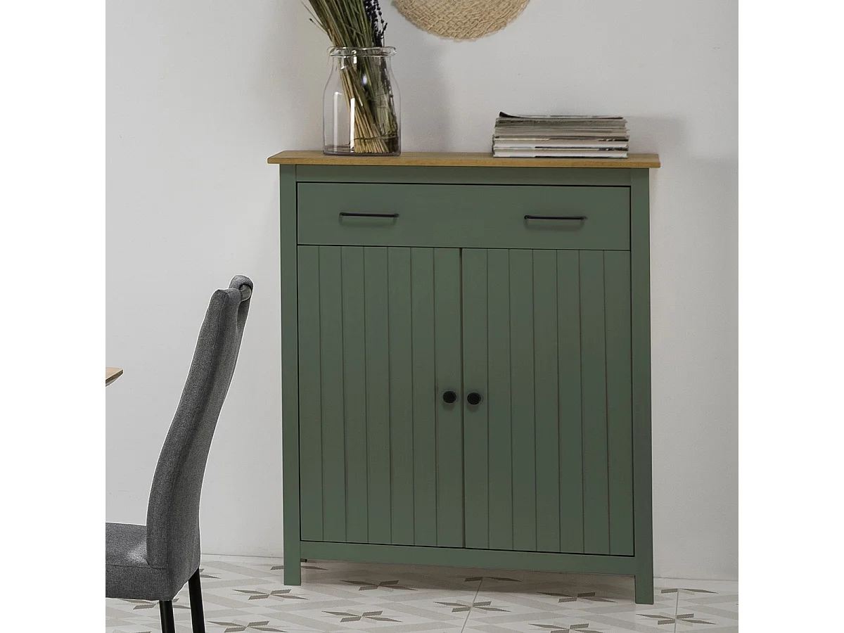 Buffet 2 portes 1 tiroir en bois massif vert L90xH110 cm - Ida