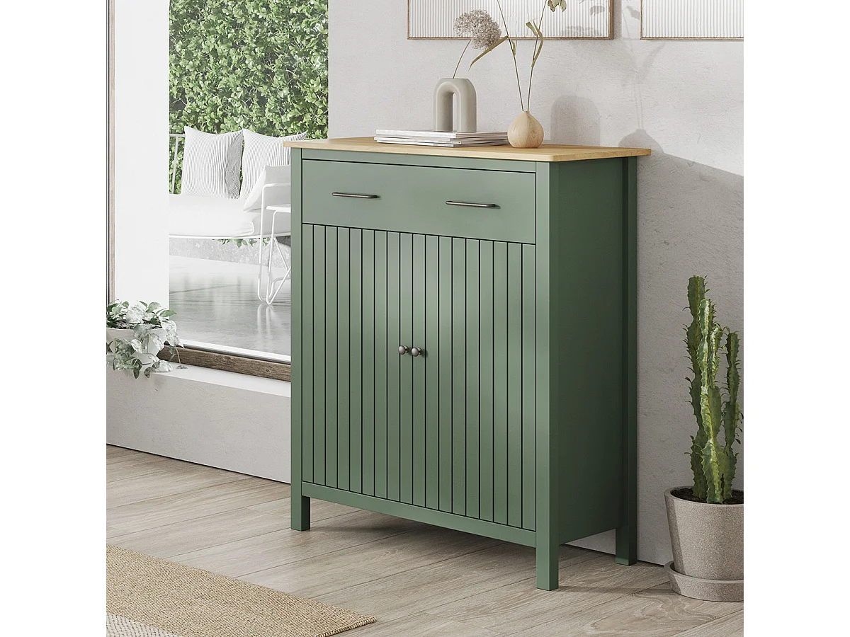 Buffet 2 portes 1 tiroir en bois massif vert L90xH110 cm - Ida