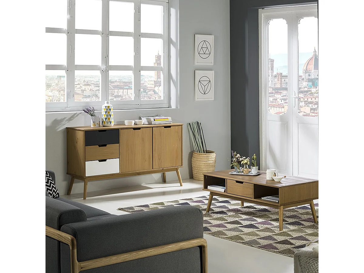 Buffet 2 portes 3 tiroirs pin massif / blanc / gris 140 cm - Davi