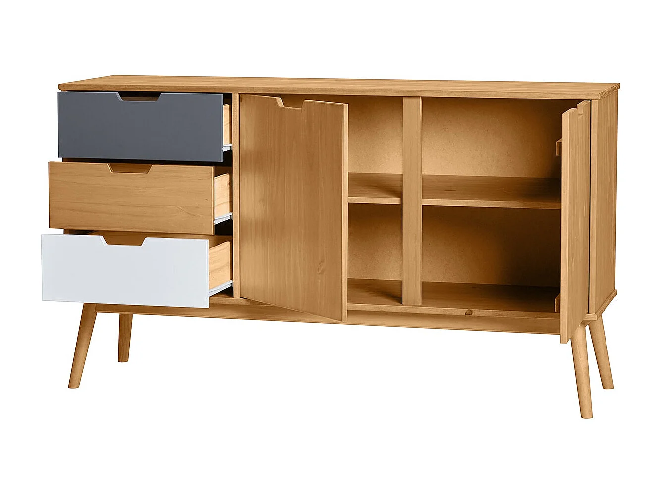 Buffet 2 portes 3 tiroirs pin massif / blanc / gris 140 cm - Davi