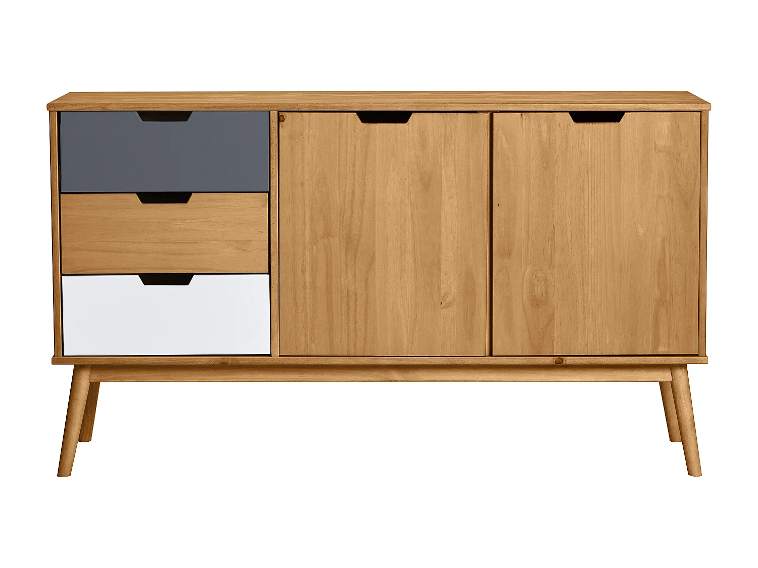 Buffet 2 portes 3 tiroirs pin massif / blanc / gris 140 cm - Davi