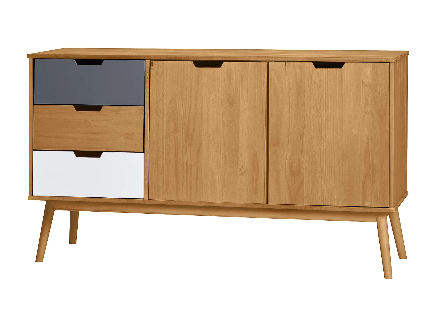 Buffet 2 portes 3 tiroirs pin massif / blanc / gris 140 cm - Davi