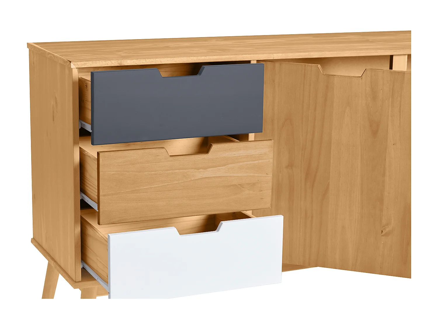 Buffet 2 portes 3 tiroirs pin massif / blanc / gris 140 cm - Davi