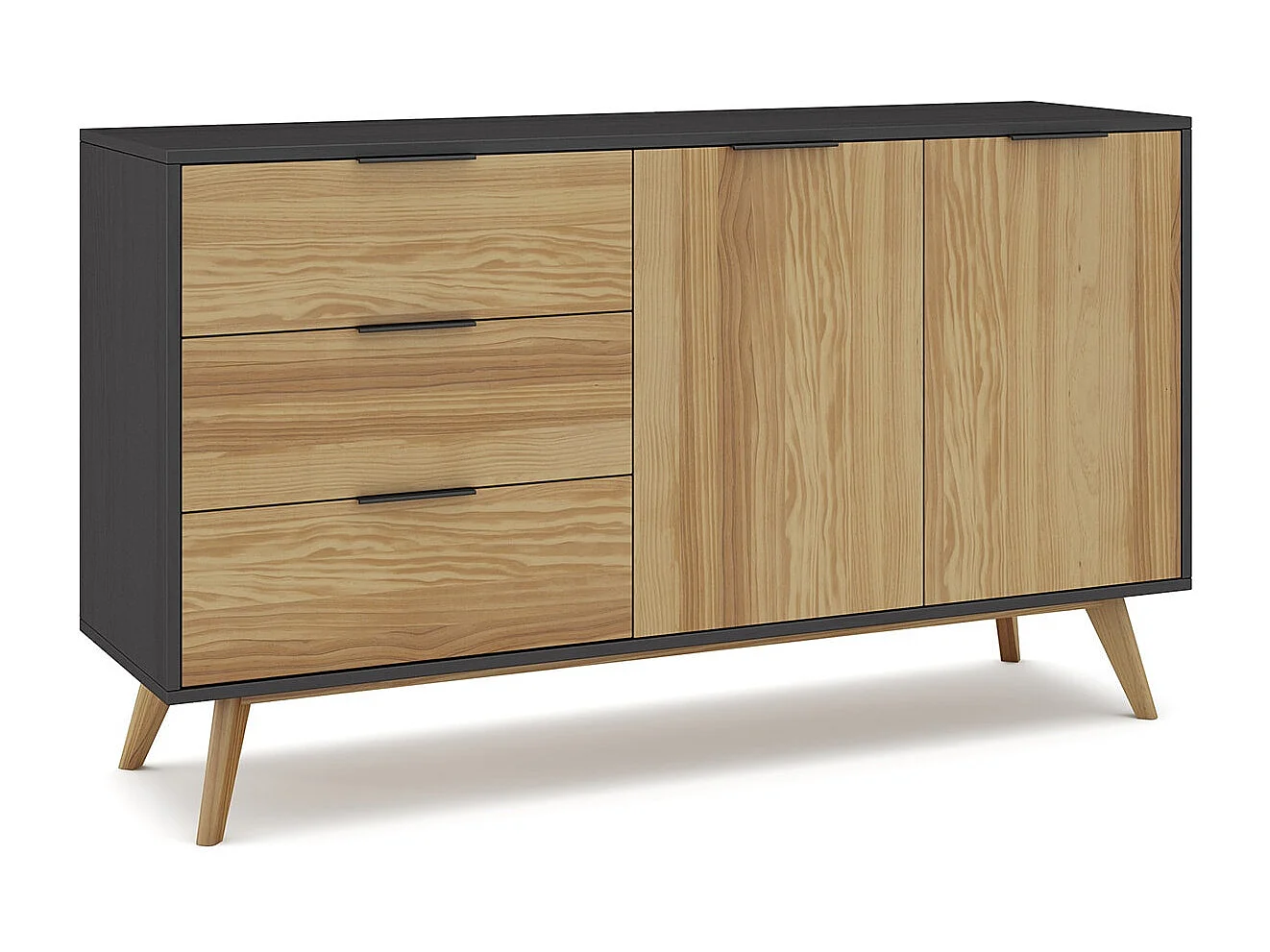 Buffet 2 portes 3 tiroirs en pin massif / noir 140 cm - Timeo