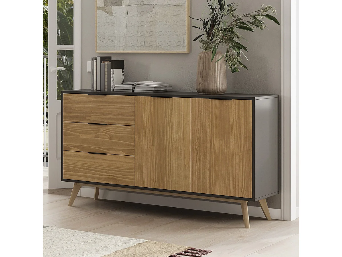 Buffet 2 portes 3 tiroirs en pin massif / noir 140 cm - Timeo